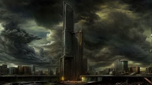 doomsday,apocalyptic,post-apocalyptic landscape,armageddon,end of the world,destroyed city,the end of the world,nature's wrath,apocalypse,the skyscraper,black city,post apocalyptic,the storm of the invasion,high-rises,tower of babel,post-apocalypse,skycraper,las torres,photo manipulation,tornado