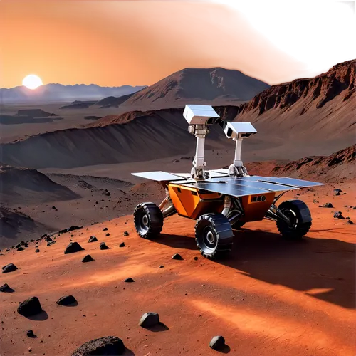 Mars landscape, barren terrain, rocky mountains, deep craters, rusty red soil, dusty atmosphere, futuristic rover, metallic surface, solar panels, antenna, robotic arm, Martian sunset, warm orange lig