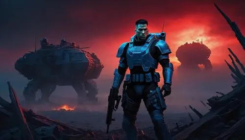 Scary Marines, 40k, futuristic armor, metallic silver, neon blue lights, muscular male, aggressive posture, sharp facial features, intense gaze, bold eyebrows, short black hair, scars on face and arms