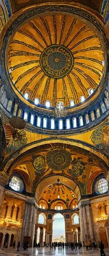 Byzantine, Hagia Sophia, ancient, majestic, intricately decorated, massive dome, arches, columns, marble flooring, golden mosaics, ornate chandeliers, grand entrance, Istanbul, Turkey, sunny day, clea