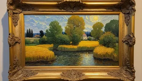 Oil painting style, realistic, highly detailed, vivid colors, brush strokes visible, thick paint texture, artistic, still life, framed, golden frame, ornate details, warm lighting, soft shadows, class