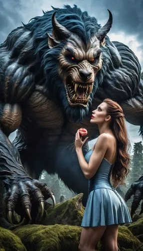 a woman standing next to a giant monster, by Tadeusz Pruszkówski, fantasy art, the kiss, werewolf”, portrait of a dark fantasy nymph, beauty and the beast,she feeds the lion,haka,jayasimha,fantasy pic