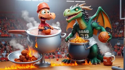 Um dragão cozinhando um urubu na panela de pressão, em uma arena de basquete,a dragon with a bucket and ball is sitting near a person,euroleague,eurobasket,mascots,cauldron,zalgiris,dragic,3D,3D Chara