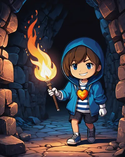 adventure game,burning torch,flickering flame,chasm,action-adventure game,game illustration,dipper,gunkanjima,adventurer,magical adventure,torchlight,fire master,fire background,torch,dungeons,the eternal flame,campfires,furnace,torch-bearer,kid hero,Illustration,Realistic Fantasy,Realistic Fantasy 43