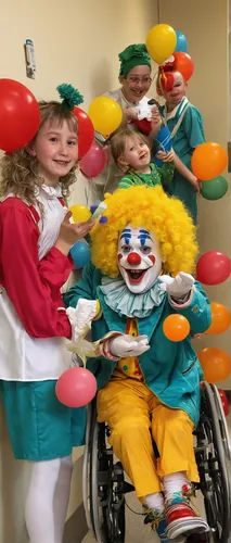 Create a heartwarming scene with Koko the Clown entertaining sick children at a hospital.,children's operation theatre,pediatrics,nursing home,scary clown,it,creepy clown,with special needs,clowns,hor