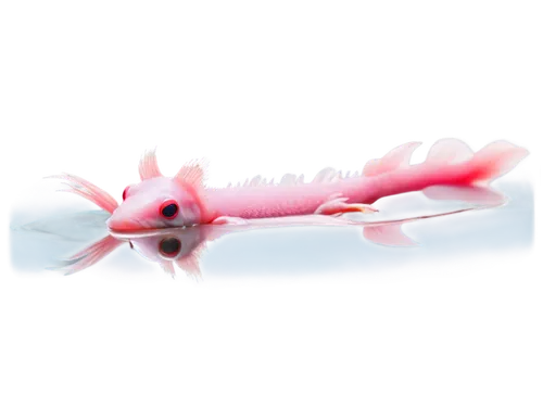 Axolotl, cute, aquatic animal, albino, pink eyes, feathery gills, soft skin, swimming pose, transparent water, subtle ripples, morning light, shallow depth of field, warm color tone.,a bright pink fis