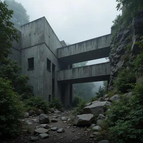 Rugged natural landscape, rocky outcrops, dense forestation, brutalist concrete structures, fortress-like architecture, raw unfinished surfaces, industrial materials, exposed ductwork, dramatic lighti