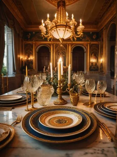 Ancient Greek-inspired plates, ornate ceramic, gold trim, raised patterns, mythological creatures, intricate borders, pedestal display, luxurious dinner table, candlelit ambiance, soft focus backgroun