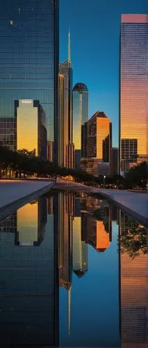 Dallas cityscape, modern skyscrapers, sleek glass buildings, steel structures, contemporary architectural styles, bustling streets, business district, evening scene, golden hour, softbox lighting, 3/4