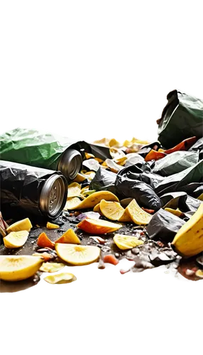 Garbage, PNG, dirty, messy, scattered trash, banana peels, crushed cans, broken bottles, torn papers, moldy food, grimy texture, shallow depth of field, warm color tone, high contrast lighting, 3/4 co