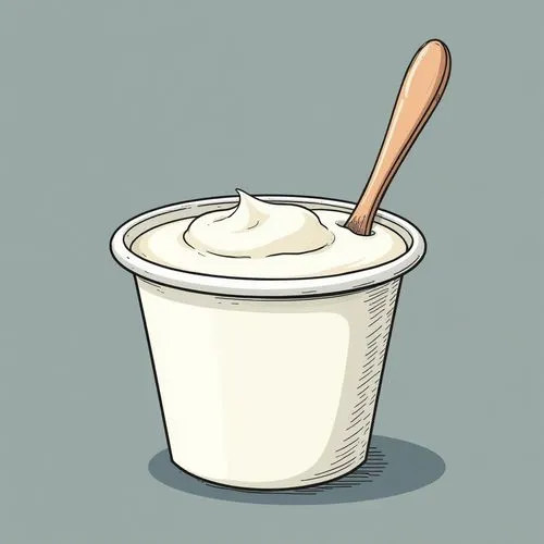 A simple yogurt cup with a small spoon coming out of it. The outline of the cup is rounded, and the drawing is made with soft lines, without color fill.. just the lines no color just with black lines,