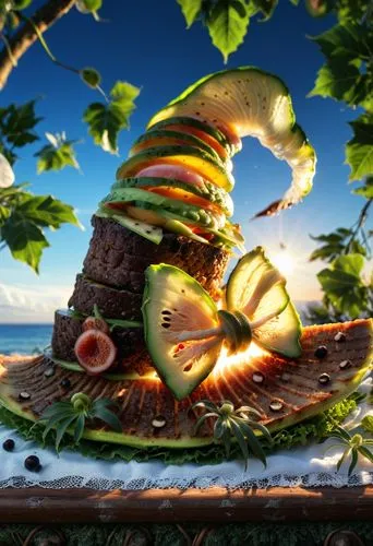 a unique food sculpture made out of sliced fruit,teleoconch,tamatoa,delight island,coconut tree,luau,coconspirator,Photography,General,Realistic