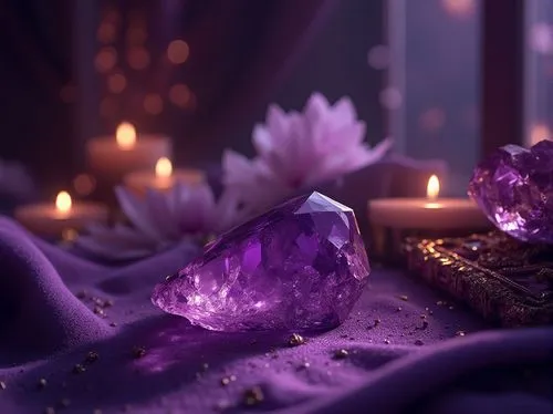 Luxurious amethyst gemstones, rich purple hues, velvety smooth textures, ornate gold accents, mystical crystal formations, lavish jewel-toned drapes, regal velvet furnishings, whimsical starry night s