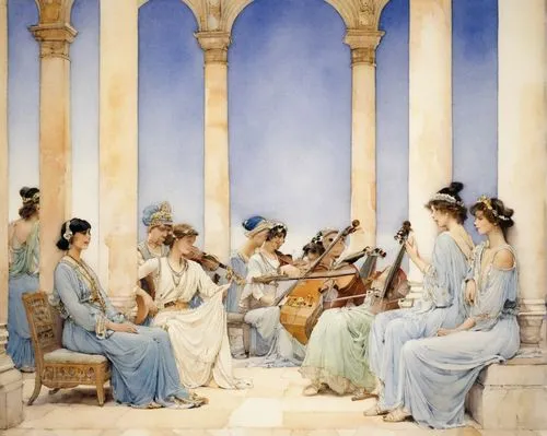 music notes in the palace,orchestra,apollo and the muses,musicians,musical ensemble,philharmonic orchestra,serenade,symphony orchestra,orchesta,violinists,woman playing violin,orchestra division,conce