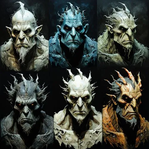 four pictures of masks with different hair and face colors,orcs,malekith,lordi,sculpts,darzins,nidaros,Illustration,Abstract Fantasy,Abstract Fantasy 18