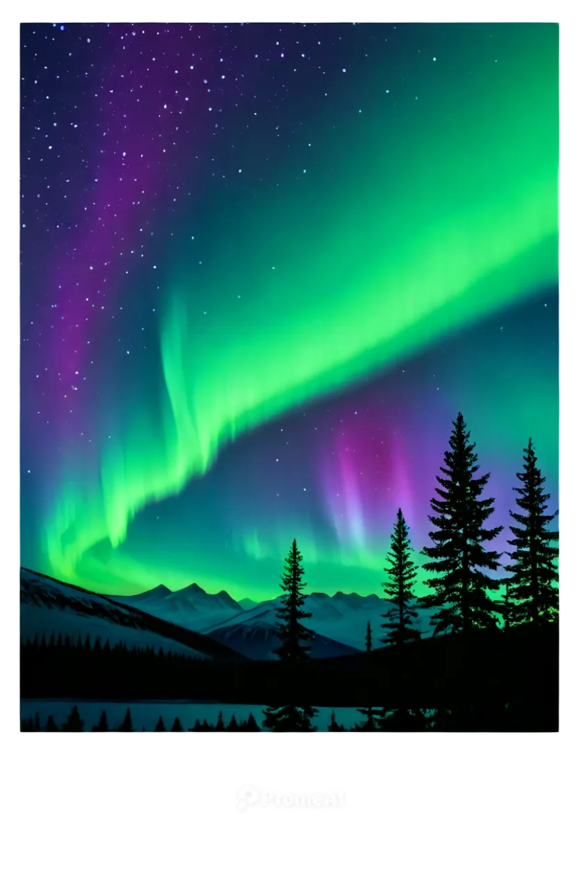 Northern Lights, night sky, vibrant colorful aurora, soft glow, wavy patterns, green blue purple hues, starry background, dark silhouette of trees or mountains, misty atmosphere, shallow depth of fiel