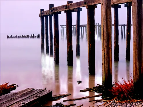 Old pier, wooden structure, worn-out railings, rusty lanterns, seaweed-covered pillars, morning mist, soft sunlight, gentle waves, 3/4 composition, shallow depth of field, warm color tone, cinematic l