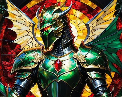 a magnificent golden knight, its piercing green eyes fixed on the black dragon that flutters its wings in the wind. The knight's armor glistens in the sun, and his armor gleams in the golden light. Th