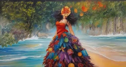 oil painting on canvas,oil painting,girl in a long dress,girl with tree,art painting,flamenco,boho art,oil on canvas,fabric painting,colorful tree of life,orange tree,girl on the river,photo painting,