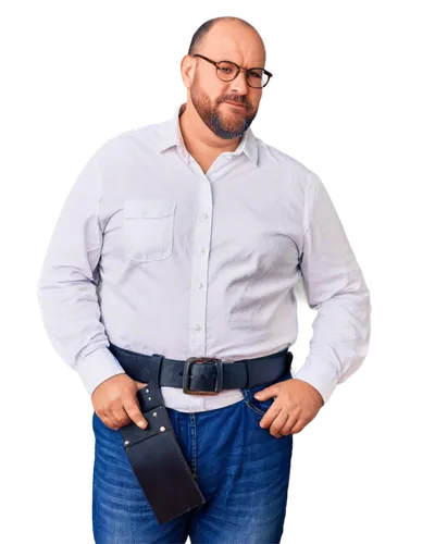 Very obese man, mature adult, balding hair, thick beard, glasses, white shirt with sweat stains, dark blue jeans, black leather belt, silver buckle, standing, weight on legs, belly hanging over pants,