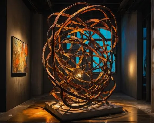 armillary sphere,steel sculpture,glass sphere,kinetic art,soumaya museum,universal exhibition of paris,golden wreath,bronze sculpture,decorative art,orrery,fire ring,art gallery,globe flower,sculptor ed elliott,torus,png sculpture,a museum exhibit,gyroscope,molten metal,revolving light,Illustration,Black and White,Black and White 02