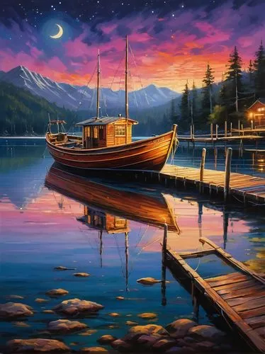 boat landscape,wooden boat,fantasy picture,sailing boat,fishing boat,evening lake,Conceptual Art,Oil color,Oil Color 09