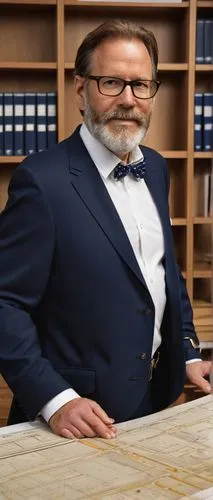 Middle-aged man, mature, beard, glasses, formal wear, tie, white shirt, dark blue suit, holding a blueprint, standing in front of a large wooden desk, surrounded by construction documents, architectur