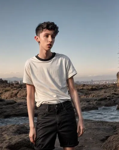 Troye sivan, buzz cut, low fade, youth adult, xs, man, black hair, uhd, 4k, hyper realistic,white shirt,cotton top,big bend,male model,beach background,desert background,lukas 2,vintage boy,boy,teen,b