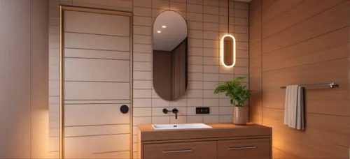 toilet of a rooftop guest house having highlighting wall tile with backlit mirror, door, wash basin with light hanging from ceiling, beige color wall tiles, green tile flooring, false ceiling with amb