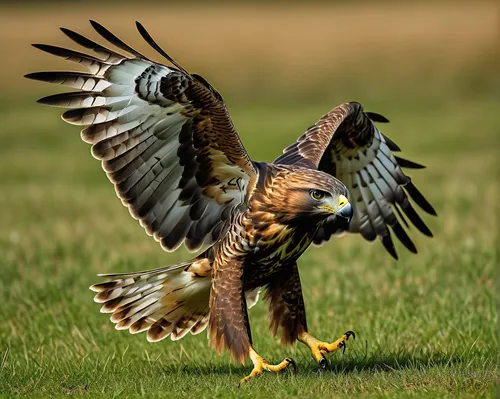 hawk, landing, command, terminal, sharp talons, feathers texture, intense gaze, spread wings, retracting wings, bird of prey, focused, outdoor, grassy field, clear sky, natural light, close-up, dynami