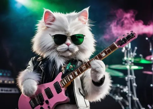 Rockstar cat, solo, (2yo), fluffy white fur, bright green eyes, pink nose, whiskers, wearing black leather jacket, sunglasses, holding electric guitar, playing riffs, standing on stage, spotlight shin