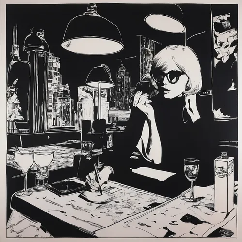 black cat,spy-glass,bartender,diner,darkroom,black table,birds of prey-night,kitchen table,dining,a200,apothecary,beatnik,woman at cafe,canary,barmaid,ann margarett-hollywood,blonde woman reading a newspaper,blonde sits and reads the newspaper,cigarette girl,girl in the kitchen,Art,Artistic Painting,Artistic Painting 22