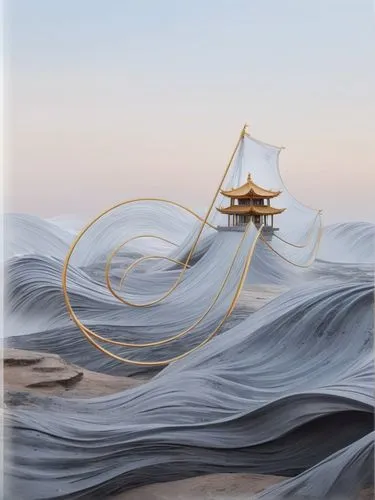 sea sailing ship,wind machine,the wind from the sea,japanese wave paper,japanese waves,longship,Illustration,Realistic Fantasy,Realistic Fantasy 01