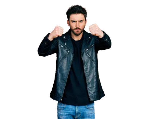 Crazy deranged man, messy hair, wild beard, worn-out clothes, ripped jeans, black leather jacket, intense eyes, sharp facial features, pale skin, muscular arms, clenched fists, standing, aggressive po