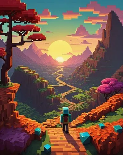 pixel art,mountain sunrise,paisaje,mountain world,mushroom landscape,dusk,chasm,caminos,retro background,dusk background,mesa,desert,voxel,ozark,mountains,beautiful wallpaper,vista,futuristic landscape,paraiso,tileable,Illustration,Realistic Fantasy,Realistic Fantasy 18