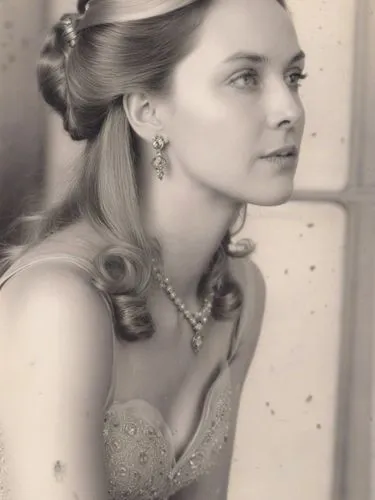 Black and white image of Her Serene Highness Wilhelmine, Princess of Upflamör.,a woman that is sitting down with a necklace,vintage female portrait,vintage woman,model years 1960-63,vintage girl,grace