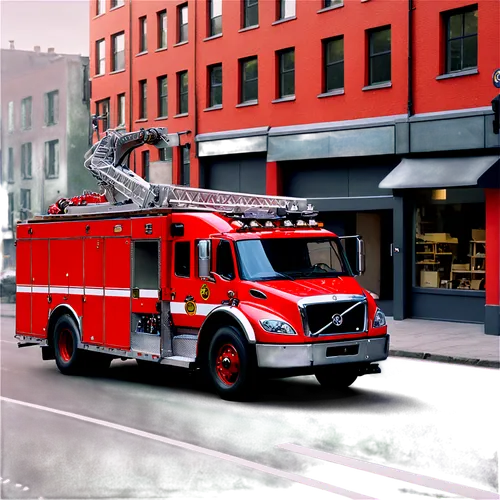 Fire truck, red body, shiny metallic surface, bold headlights, ladder on side, sirens flashing lights, loud siren sound effect, dynamic wheels, motion blur, city street, morning light, realistic detai