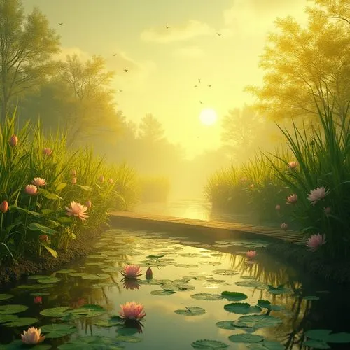 Vibrant yellow, wetland scene, sunny day, reflection on water, lotus flowers blooming, green reeds swaying gently, wooden boardwalk meandering through marsh, shallow pool with lily pads, few birds fly