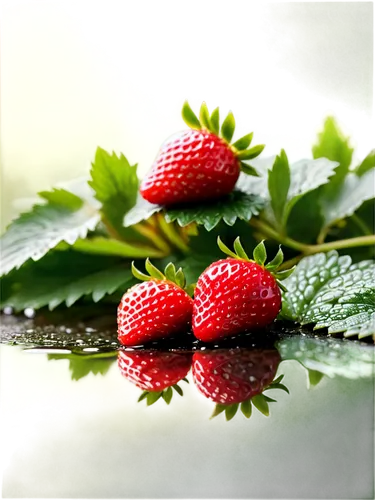 Fresh strawberries, red juicy flesh, green leafy tops, sweet aroma, ripe, slightly wet surface, morning dew, natural light, shallow depth of field, warm color tone, 3/4 composition, macro photography,