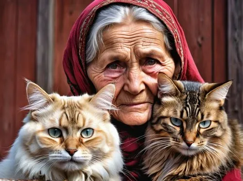 An elderly Russian peasant woman with a wrinkled face, near the face of her Siberian cat,cat family,cat lovers,old couple,old age,harmonious family,felines,old woman,elderly people,cat greece,elderly 