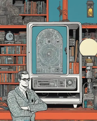 sci fiction illustration,librarian,camera illustration,book illustration,man with a computer,vintage illustration,analog television,digitization of library,the record machine,retro television,audiophile,television,projectionist,tape drive,the gramophone,reading glasses,microcassette,smart album machine,twenties of the twentieth century,television set,Illustration,American Style,American Style 15