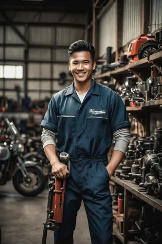 In the workshop's vibrant ambiance, a young mechanic stands confidently, dressed in his mechanic uniform and posing with a cheerful smile. With a wrench in one hand and a relaxed posture, he embodies 