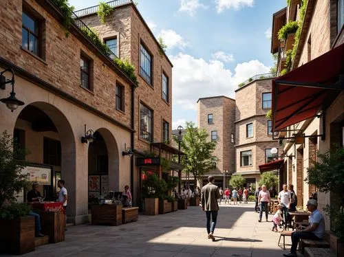 Vibrant market scene, eclectic postmodern architecture, textured stone walls, distressed brick facades, ornate metalwork, decorative archways, intricate mosaics, bold colorful signage, rustic wooden a