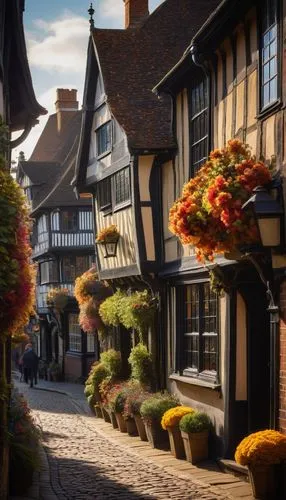 Guildford town, medieval-inspired architecture, half-timbered buildings, steeply pitched roofs, ornate chimneys, intricately carved wooden doors, stained glass windows, bustling high street, cobblesto