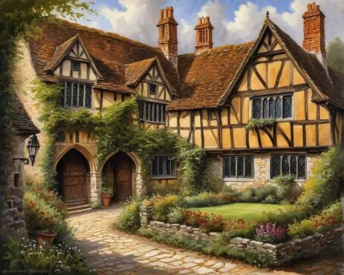 knight village,medieval street,timber framed building,houses clipart,witch's house,tudor,ancient house,traditional house,england,half-timbered house,maplecroft,ightham,knight house,thatched cottage,country cottage,cottages,timbered,half-timbered houses,hillcourt,crooked house,Conceptual Art,Oil color,Oil Color 22