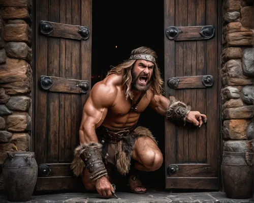 barbarian,hercules,cave man,caveman,blacksmith,viking,maori,male elf,biblical narrative characters,thorin,iron door,tarzan,neanderthal,wooden door,stone age,statue of hercules,neolithic,door husband,male character,dwarf cookin,Photography,General,Fantasy