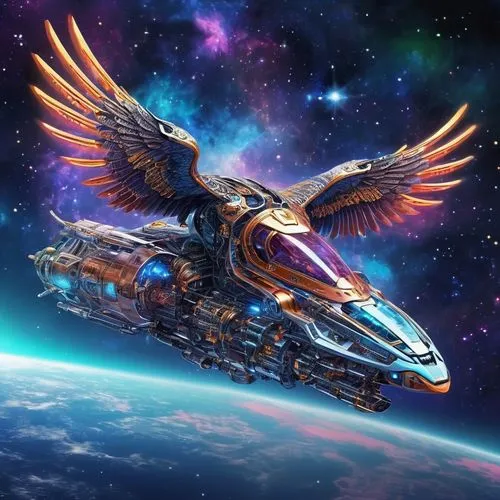 Space Flying Vehicle, Cybernetic Eagle Style, Fantasy, Sci fi, Full Color Illustration, mainly bright metal colors, intricate design, fine details, complex, sophisticated, fibonacci,pegasus,aquila,gra