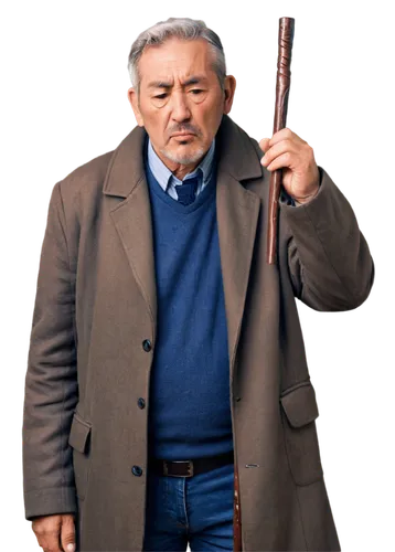 Old man, grey hair, wrinkles, brown coat, holding walking stick, coughing, mouth covering with hand, eyes closed, serious expression, detailed facial features, realistic texture, warm lighting, shallo