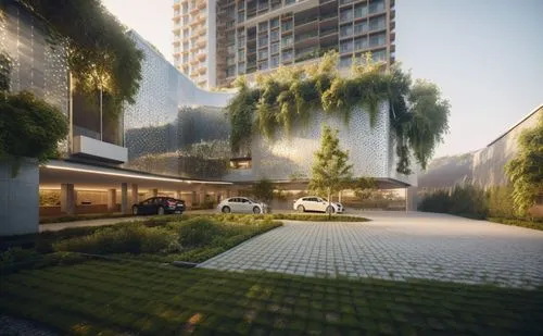 drop off, residential, curvy perforated metal cladding facade, planter box, car parking, stone feature wall, trees, driveway, grey columns, ultra realistist, ultra more details, 4k, crystal clear,3d r