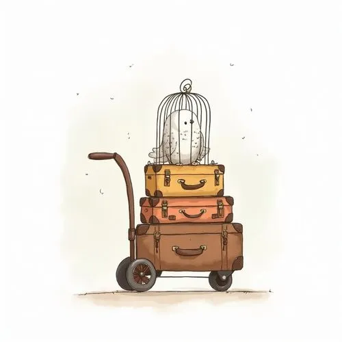 Minimalistic simple watercolor cartoon of a cute little luggage trolley with stacked antique leather suitcases and a birdcage with a white snow owl in it, soft earth tone colors, full side view, nurse